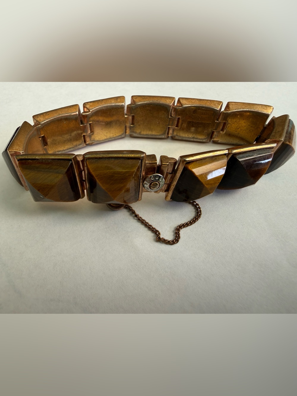 Vintage Henri Bendel pyramid link bracelet Tigers Eye Natural Gemstones Retro